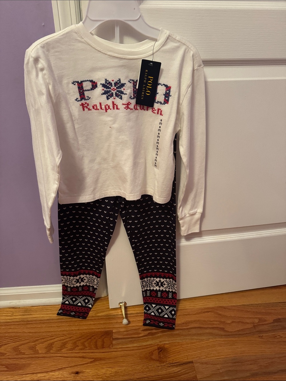Polo by Ralph Lauren White Top with Navy Heart-Print Leggings Set